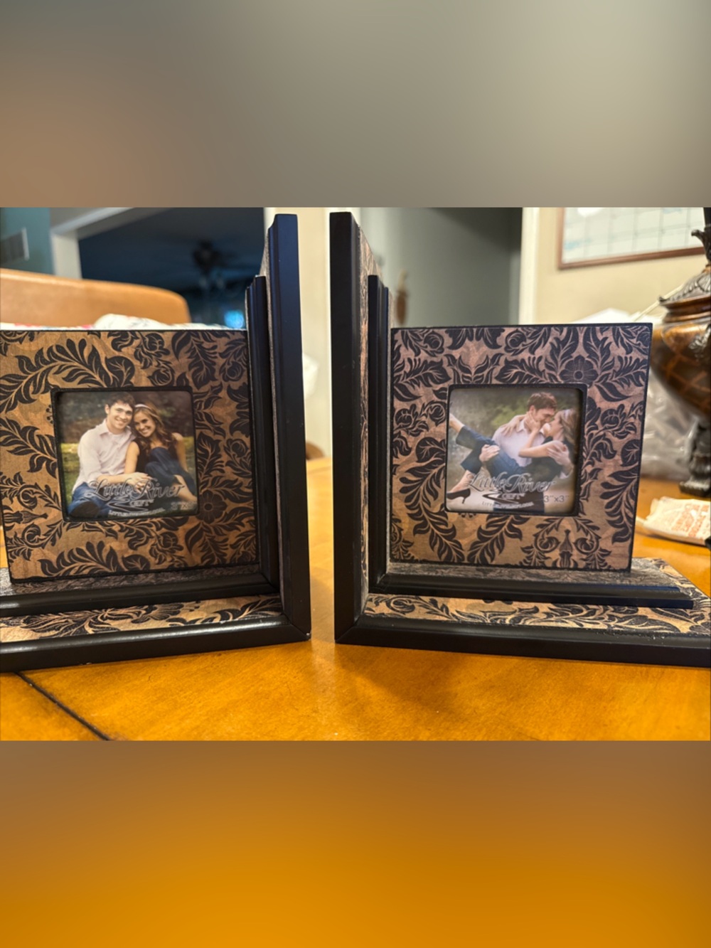 Pair Of Black Floral Damask Tabletop Bookend Picture Frames